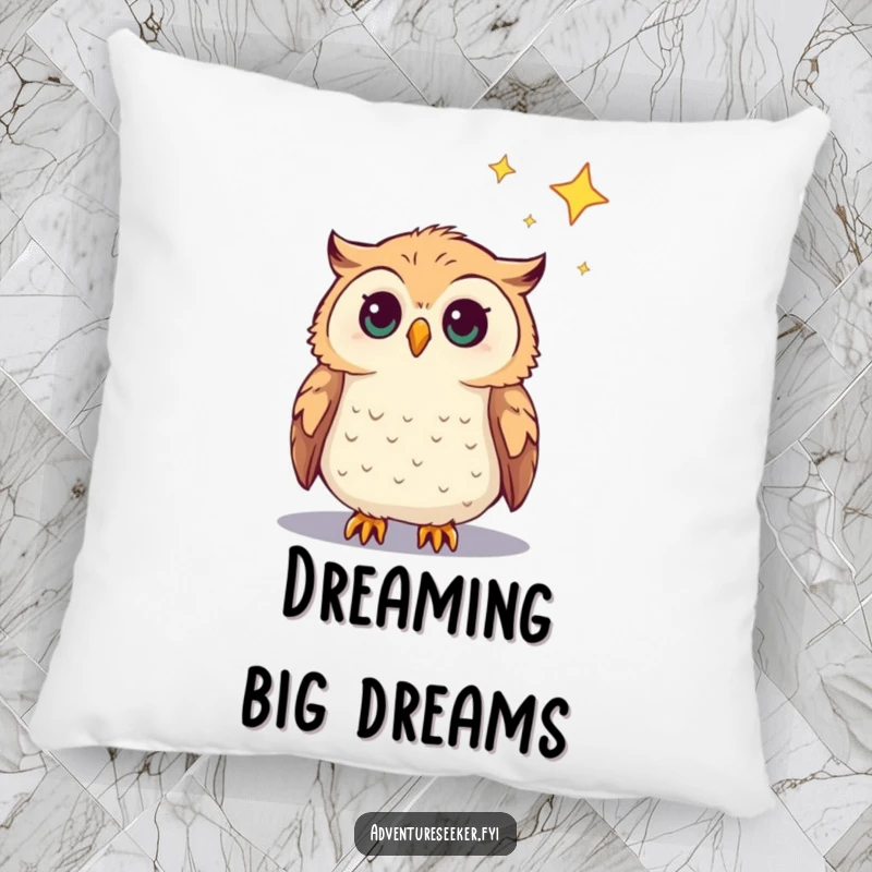 Funny Owl Pillow with a curious owl character looking at a distant star, a soft and humorous home decor gift.