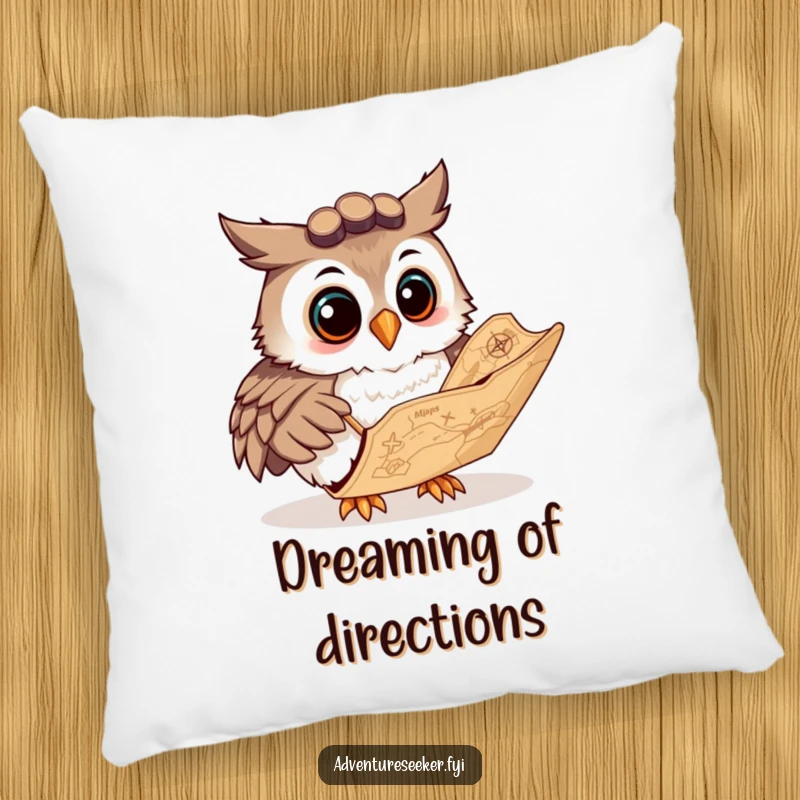 Funny pillow with a curious owl navigator character studying a map, offering comfort and a wise, playful design.