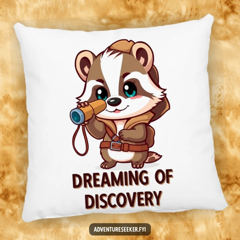 Funny pillow featuring a brave badger explorer with a spyglass, ready for discovery, bringing comfort and a touch of adventure.