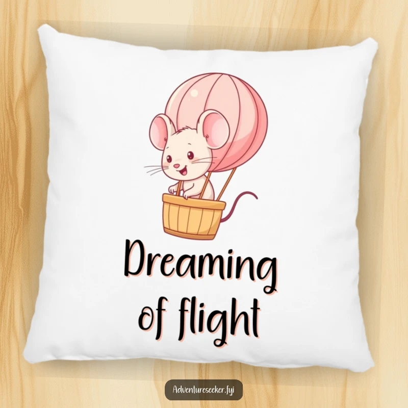 Funny energetic mouse character on a soft pillow, riding a miniature hot air balloon. A comforting funny gift.