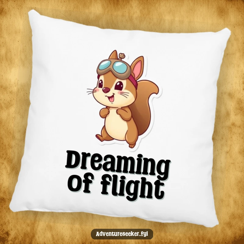 Funny squirrel aviator pillow with a cheerful squirrel in flight, wearing an aviator hat, perfect for cozy comfort.
