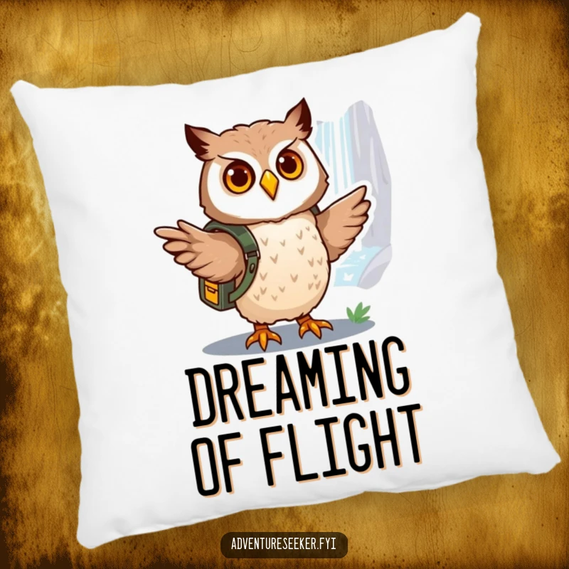 Funny owl explorer pillow, showing a brave owl with a miniature backpack pointing towards a distant, shimmering waterfall.