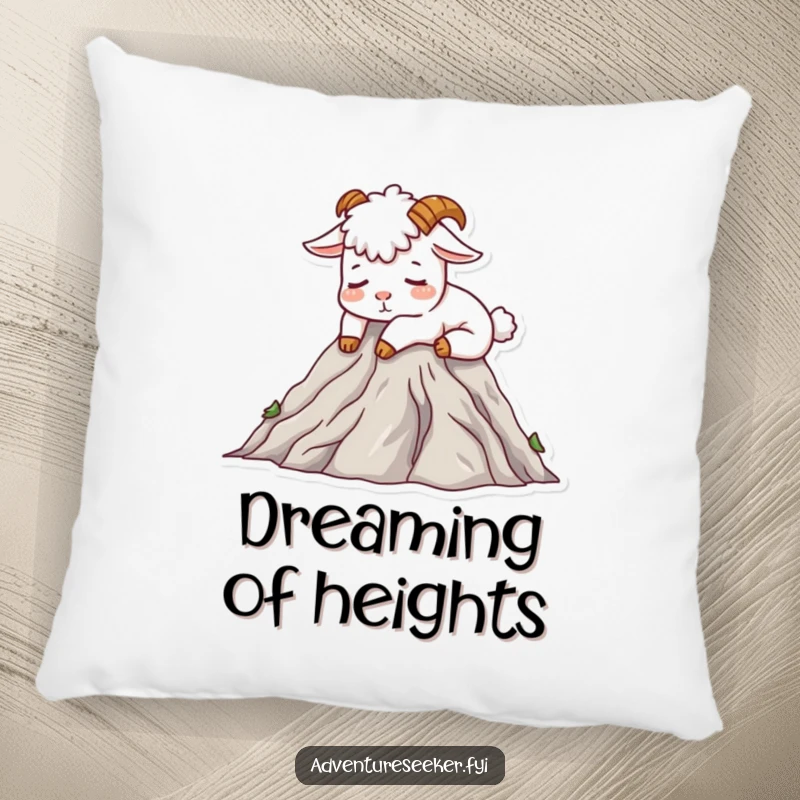 Funny Mountain Goat Pillow with a contented goat character napping on a mountain peak, a soft and humorous home decor gift.