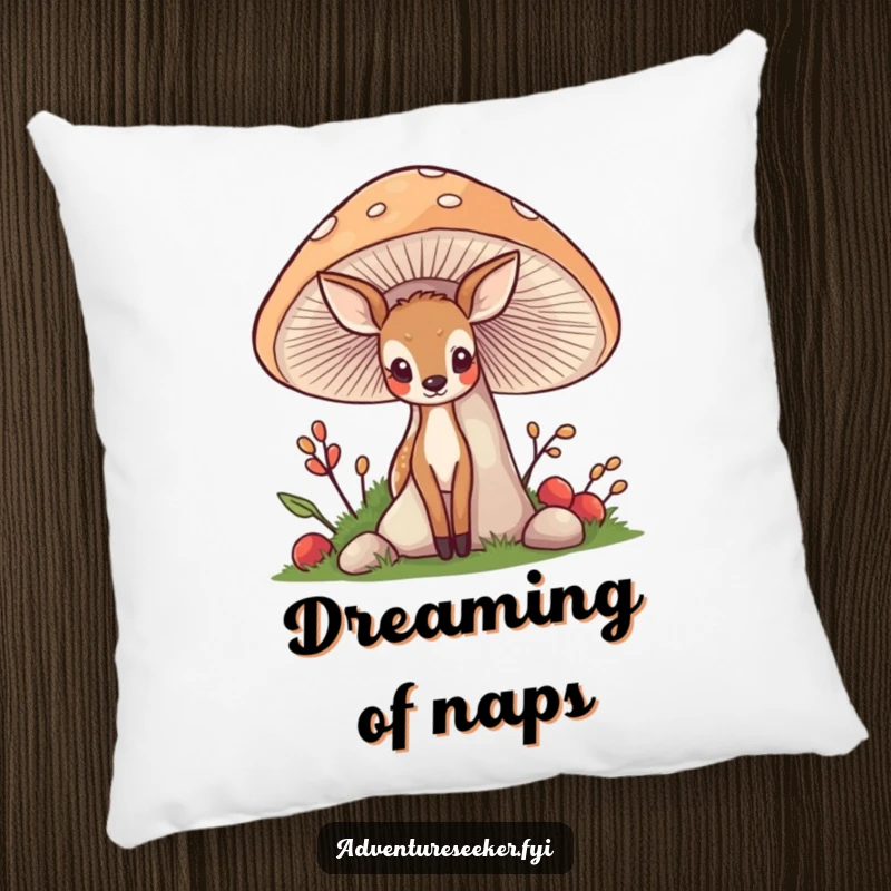 Funny Deer Mushroom Pillow: A shy deer behind a friendly mushroom, bringing cozy humor and forest charm.