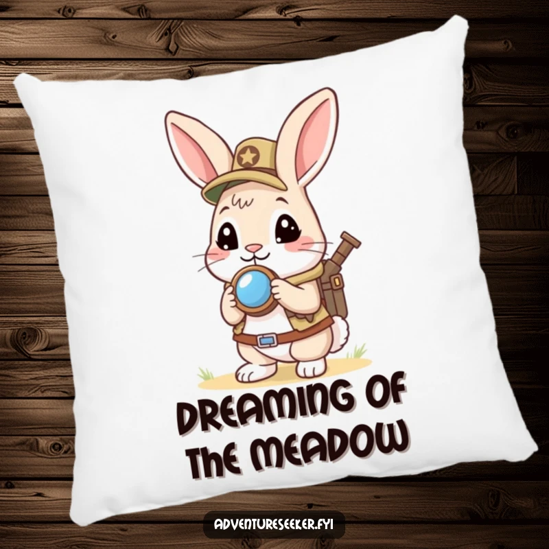 Funny Rabbit Scout Pillow: Curious rabbit holding a mini compass, looking ahead eagerly, offering comfort and a humorous touch for adventurers.