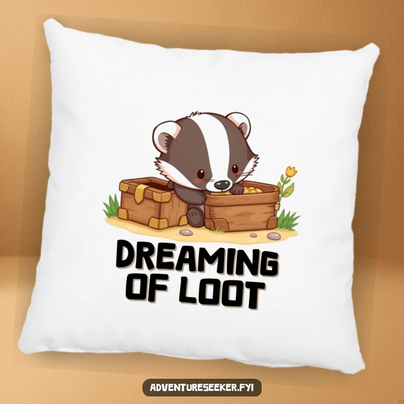 Funny pillow showing a curious badger character digging excitedly beside a hidden treasure chest, bringing comfort and humor.