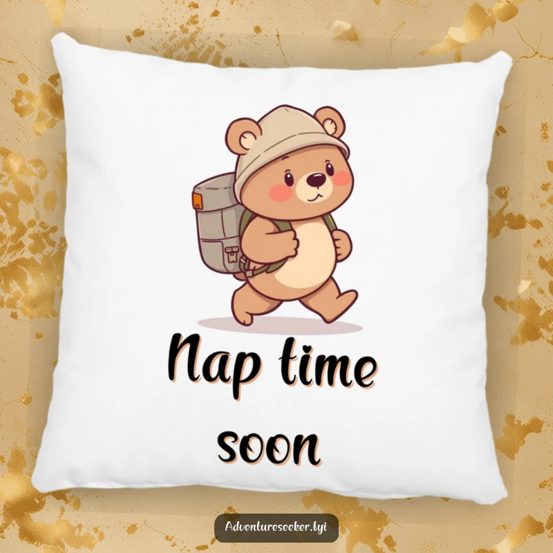 Funny bear explorer pillow featuring a cuddly bear wearing a backpack, exuding determination and adventure.