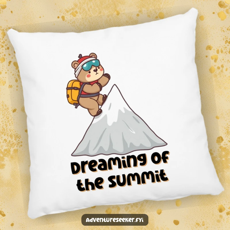 Funny Bear Mountaineer Pillow: Playful bear climbing a stylized mountain peak, offering comfort and a humorous touch for adventure lovers.