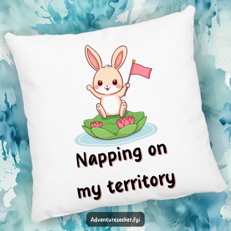 Funny Bunny Pillow: Playful bunny triumphantly planting a tiny flag on a floating lily pad, soft and cuddly.