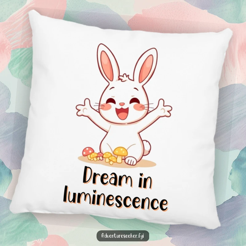 Funny bunny mushroom pillow, depicting a cheerful bunny discovering glowing mushrooms with arms spread wide in wonder.