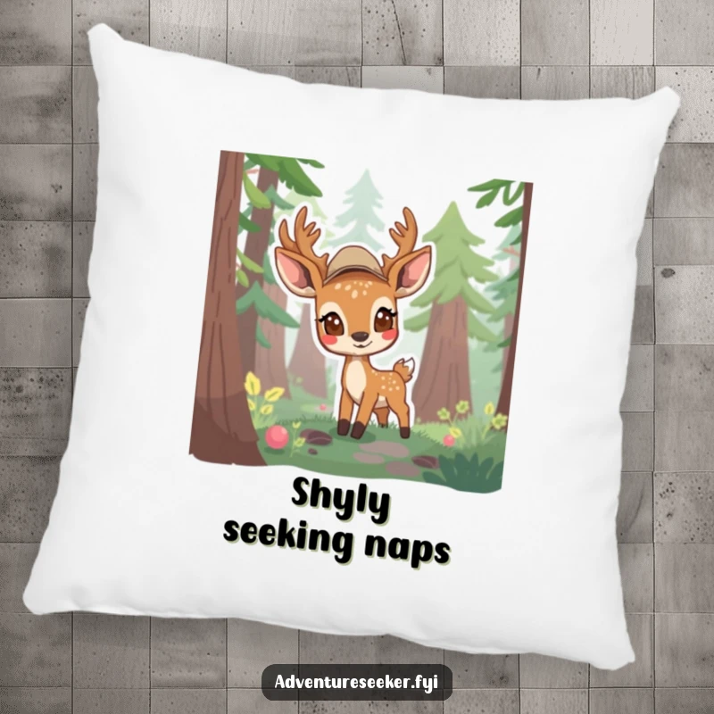 Funny pillow featuring a shy deer scout cautiously peeking from a forest, adding comfort and a touch of curiosity.