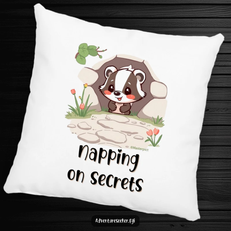Funny Happy Badger Pillow with a joyful badger character finding a hidden path, a soft and humorous home decor gift.