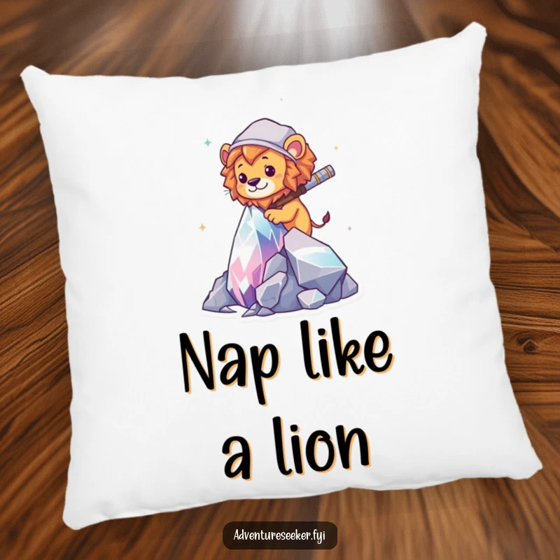 Funny Lion Explorer Pillow: A courageous lion scaling a sparkling crystal, bringing adventure and humor to comfort.