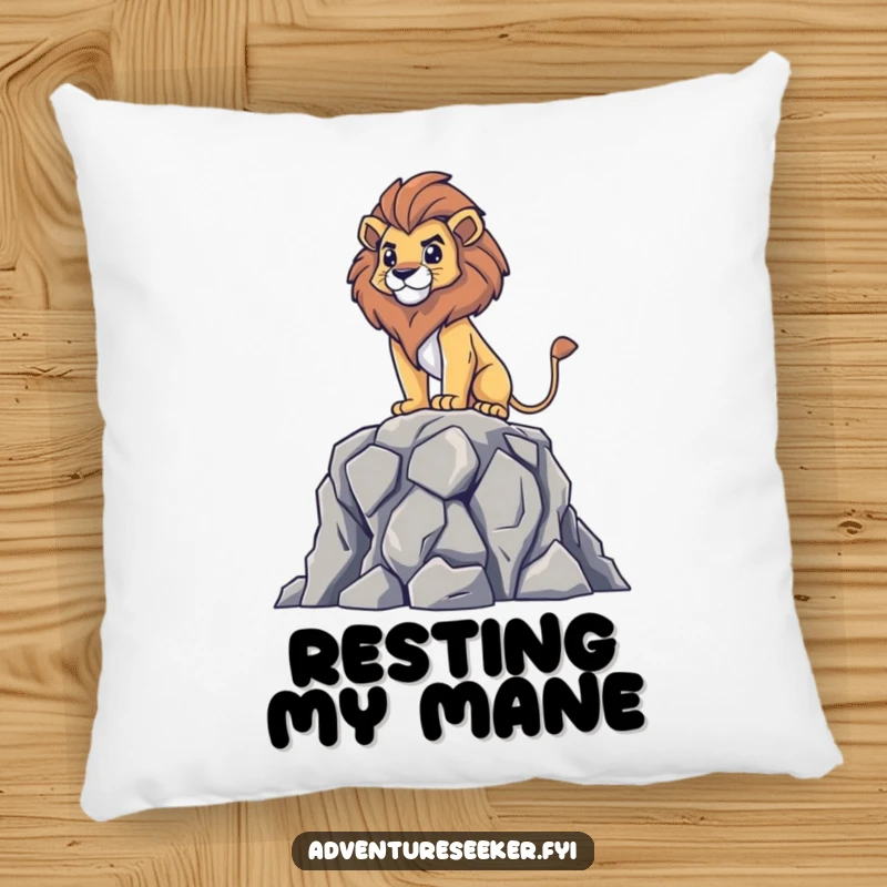 Funny pillow featuring a brave lion surveying from a rocky perch, offering plush comfort and a touch of regal humor, a delightful accent.