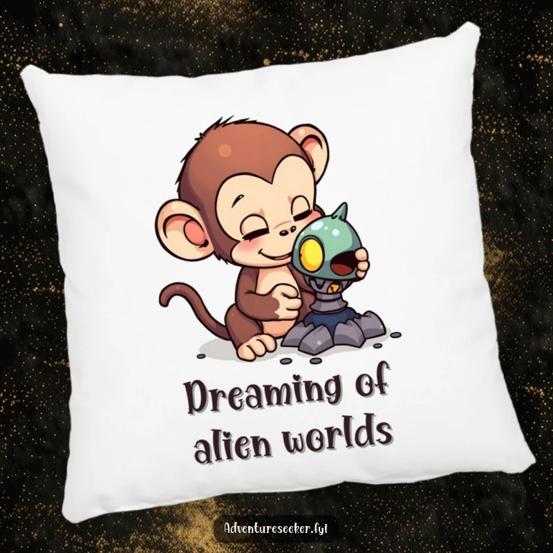 Funny pillow with a curious monkey examining a strange alien artifact, offering plush comfort and a humorous extraterrestrial theme.