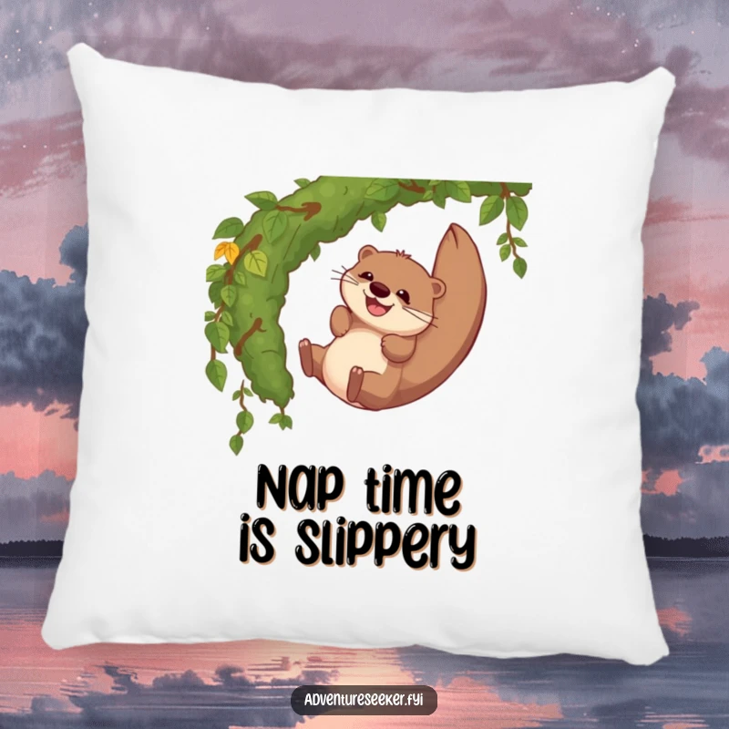 Funny pillow depicting a giggling otter character sliding joyfully down a mossy jungle vine, offering comfort and humor.