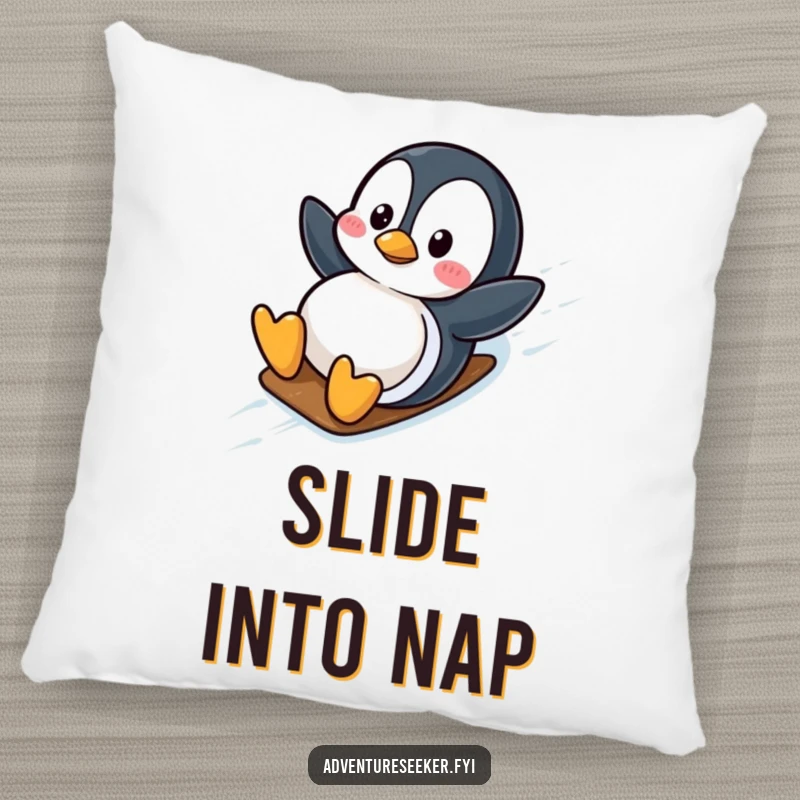 Funny wobbly penguin character on a plush pillow, enjoying a slippery slide down an icy slope. A comfy funny gift.