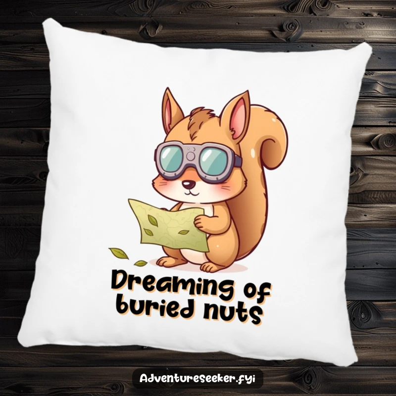 Funny squirrel map pillow, showing a curious squirrel wearing goggles, trying to decode a map made of leaves.