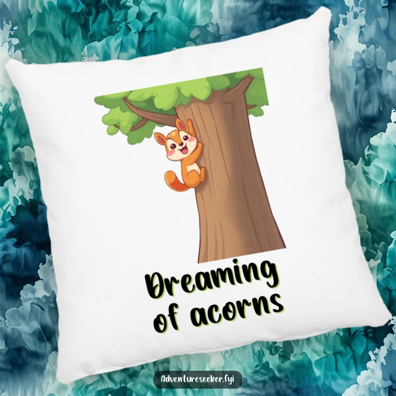 Funny Squirrel Pillow: Happy character triumphantly climbing a tall tree, a funny accent for achievement.