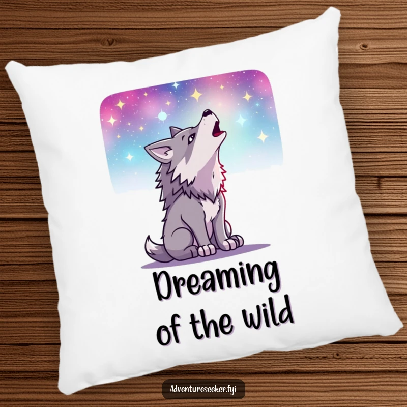 Funny pillow featuring a determined wolf howling at a beautiful starry night sky, providing comfort and a touch of wild allure.