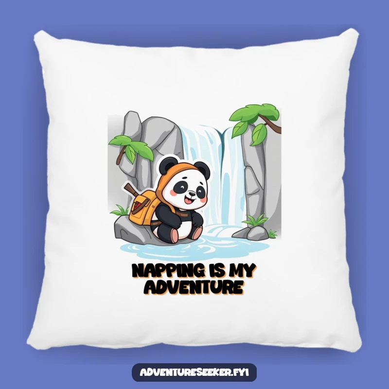 Funny Panda Adventurer Pillow: Cozy Comfort by the Tranquil Waterfall
