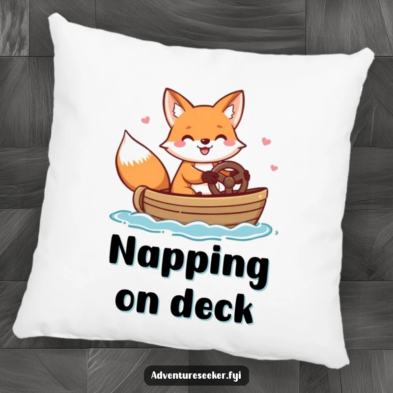 Funny pillow featuring a cheerful fox character happily steering a small boat, offering cozy comfort with a nautical theme.