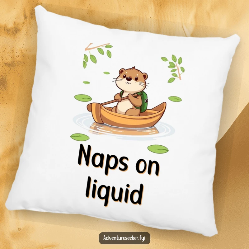 Funny Otter Leaf Boat Pillow. A soft pillow featuring a determined otter paddling a leaf boat, perfect for cozy voyages.