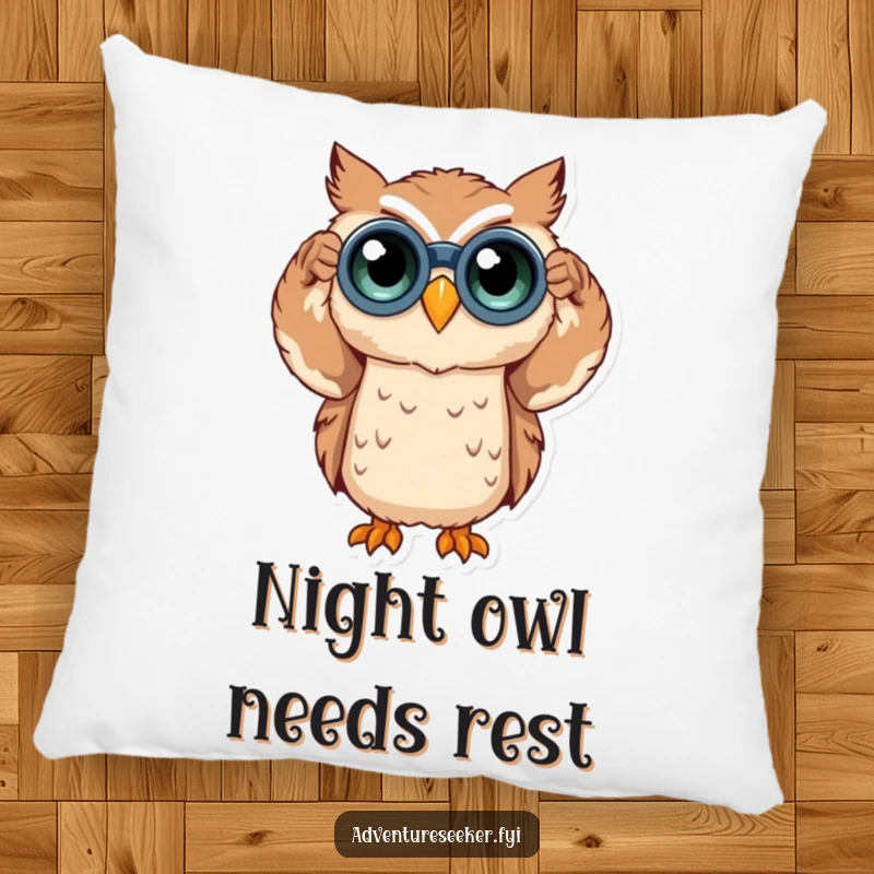 Funny owl character with binoculars on a soft pillow, inviting cozy contemplation and curiosity. A comforting funny gift.