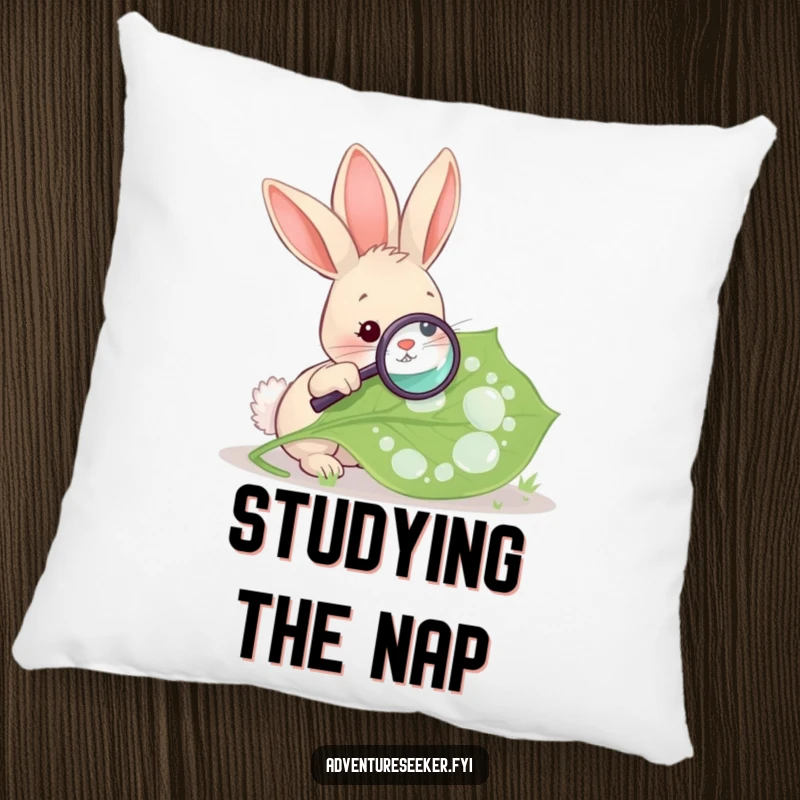 Funny Rabbit Magnifying Leaf Pillow. A soft pillow featuring a rabbit examining a leaf, perfect for cozy, curious moments.