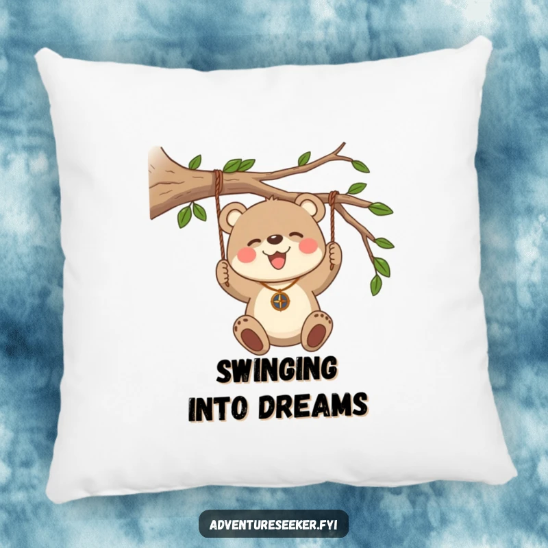 Funny Bear Cub Compass Pillow. A soft pillow featuring a bear cub swinging with a compass, perfect for cozy adventures.