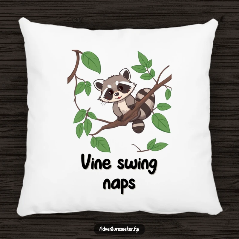 Funny raccoon acrobat pillow with a resourceful raccoon navigating a jungle vine, perfect for cozy comfort.