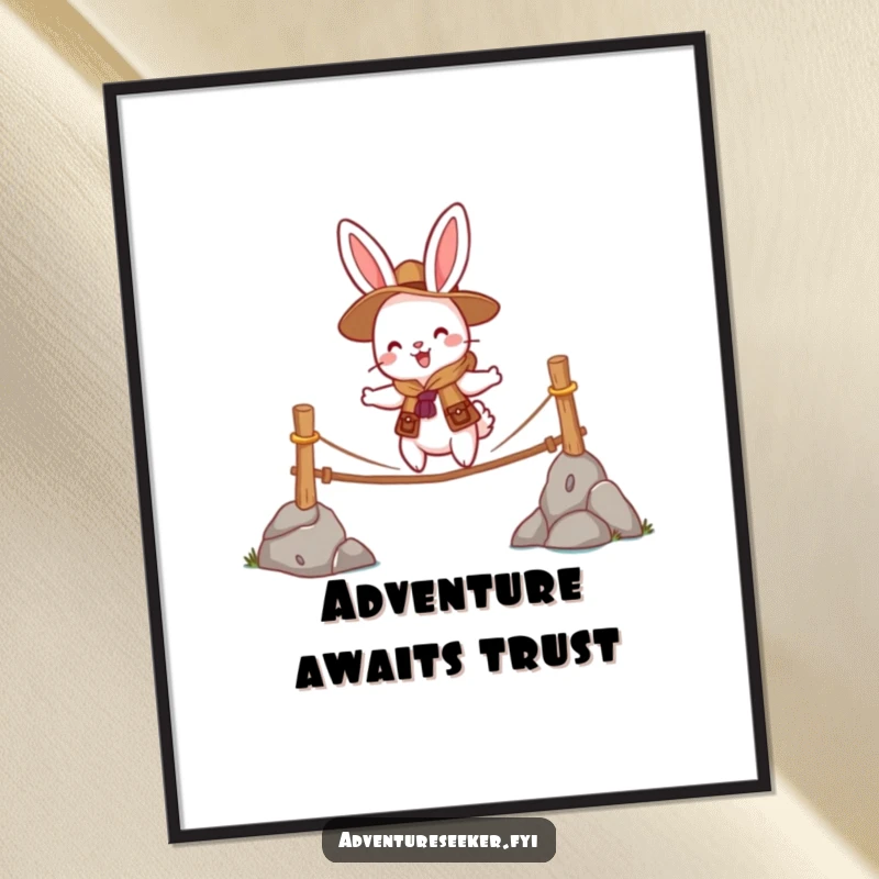 Funny digital art print of a cheerful rabbit scout character bravely crossing a wobbly rope bridge, ideal for wall art.