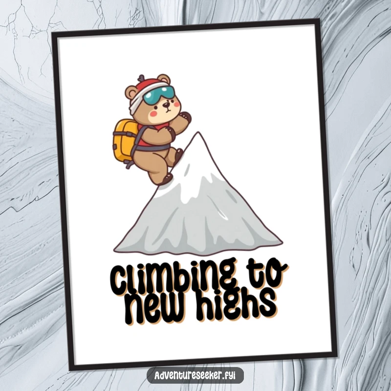 Funny Bear Mountaineer Digital Art Print: Playful bear climbing a stylized mountain peak, showcasing a humorous and adventurous design for instant download.