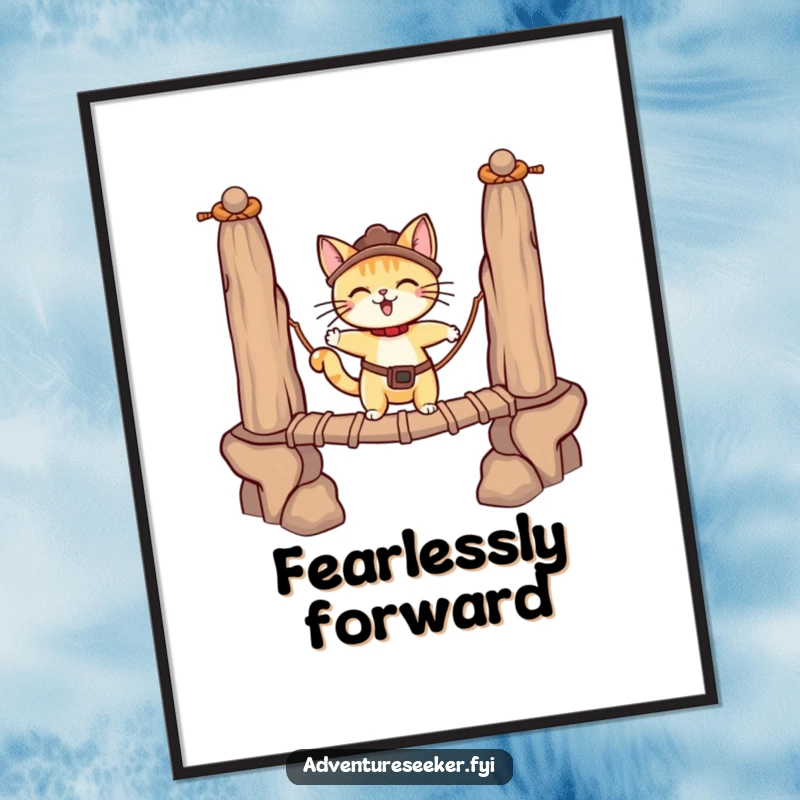 Funny adventurous cat character crossing a rope bridge in a digital art print, full of courage. An instant funny gift.