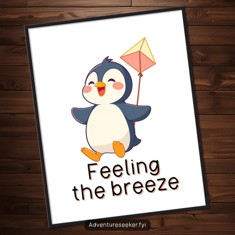 Funny digital art print of a joyful penguin character soaring through the air on a makeshift kite, perfect for uplifting decor.