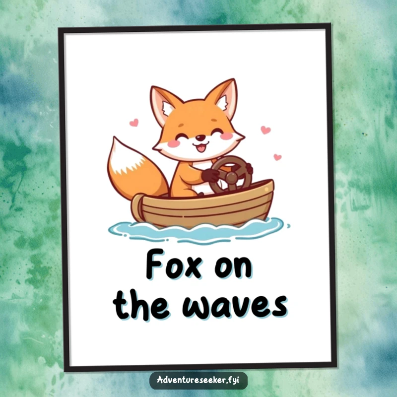Funny digital art print of a cheerful fox character happily steering a small boat, creating a playful and nautical ambiance.