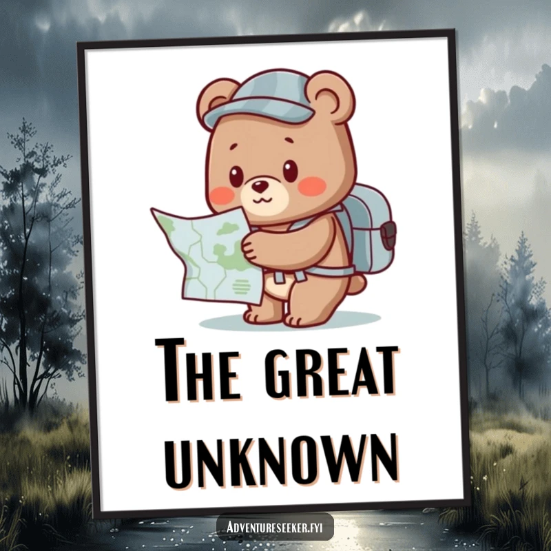 Funny Bear Digital Art Print: Cute character with backpack, looking at a map, a funny piece for adventure lovers.