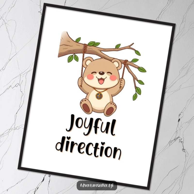 Funny Bear Cub Compass Digital Art Print. A joyful bear cub wearing a compass necklace swings from a sturdy branch.