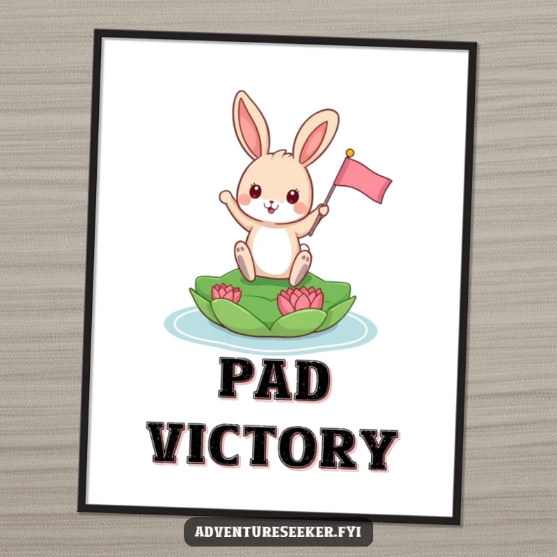 Funny Bunny Digital Art Print: Playful bunny triumphantly planting a tiny flag on a floating lily pad, instant download.