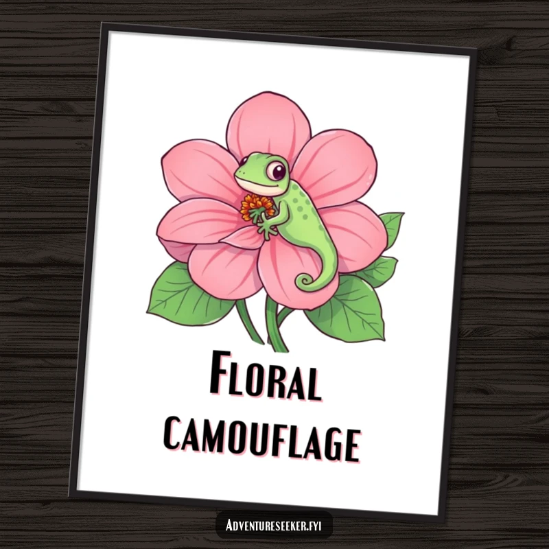 Funny digital art print of a playful chameleon blending seamlessly with a giant, multi-colored flower, a vibrant and humorous nature-themed piece.