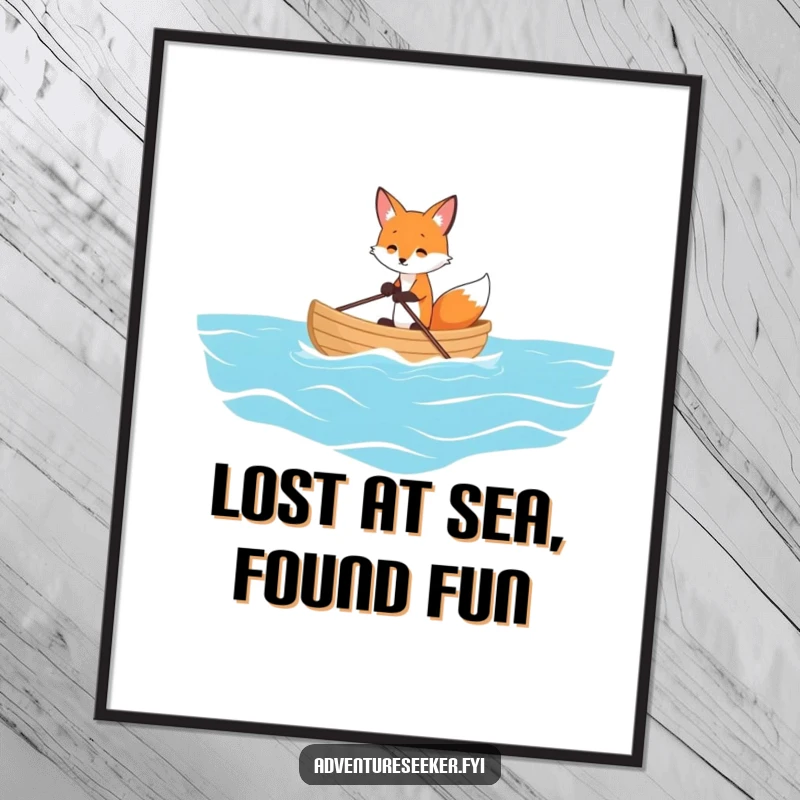 Funny digital art print of a playful fox rowing a tiny boat on a vast ocean, capturing adventure and humor for your walls.