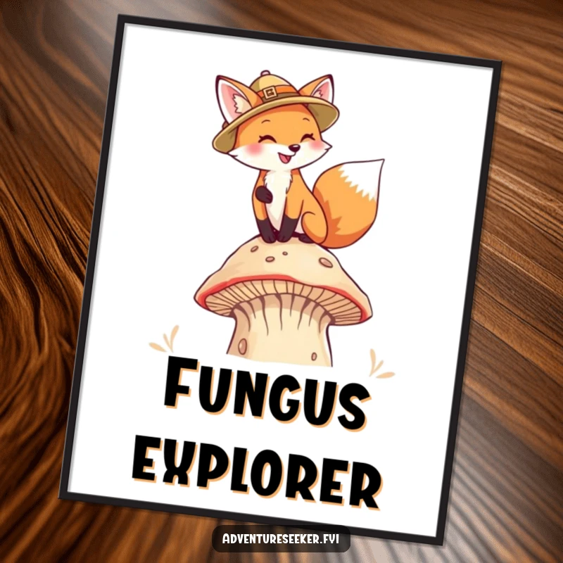 Funny Fox Pith Helmet Digital Art Print. A playful fox in a pith helmet scales a towering mushroom.