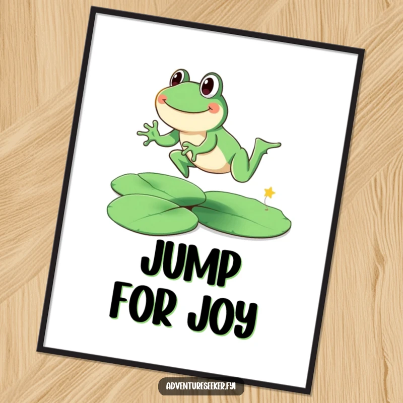 Funny smiling frog character leaping across lily pads in a digital art print, full of joy. An instant funny gift.