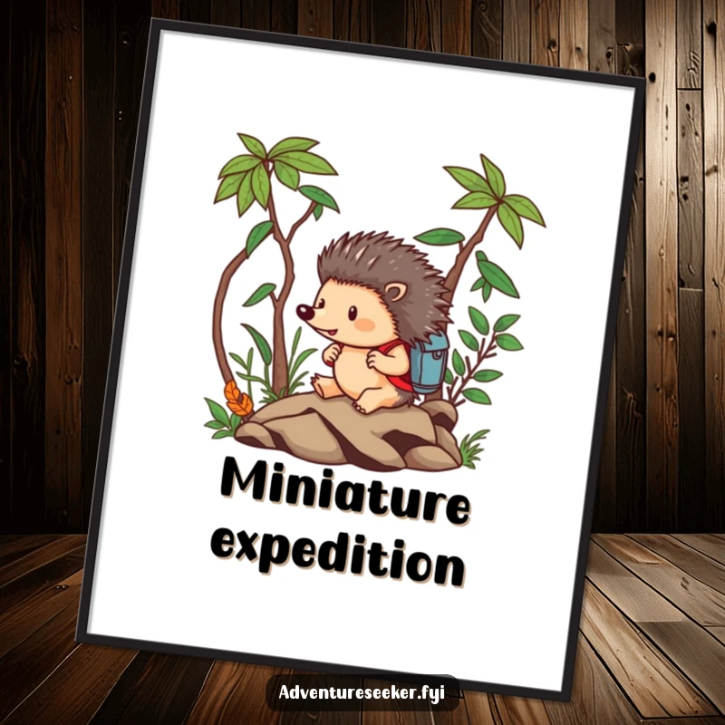 Funny Hedgehog Digital Art Print: Brave hedgehog fearlessly navigating a miniature jungle with a backpack, instant download.