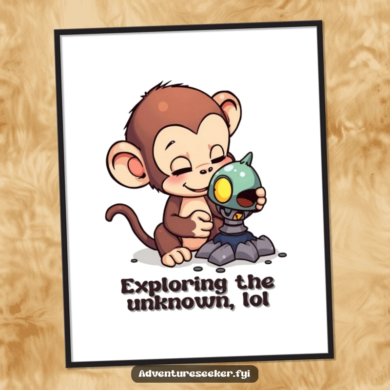Funny digital art print of a curious monkey examining a strange alien artifact, capturing intrigue and humor for your walls.