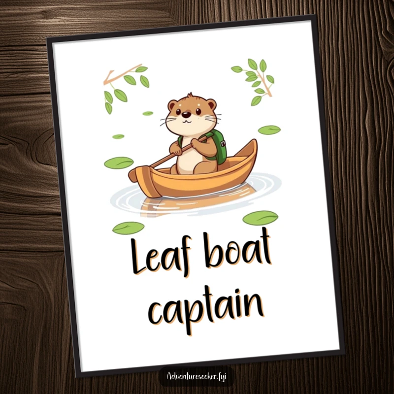 Funny Otter Leaf Boat Digital Art Print. A determined otter paddles a leaf-boat across a shimmering pond.