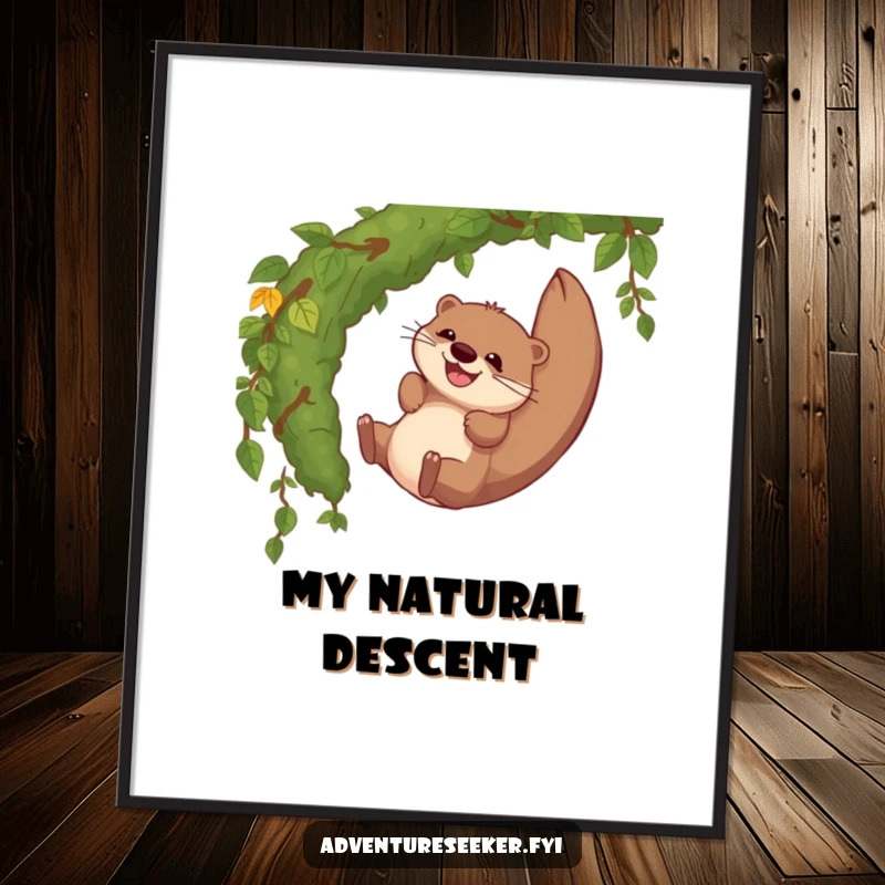 Funny digital art print of a giggling otter character sliding gleefully down a mossy jungle vine, perfect for vibrant wall decor.