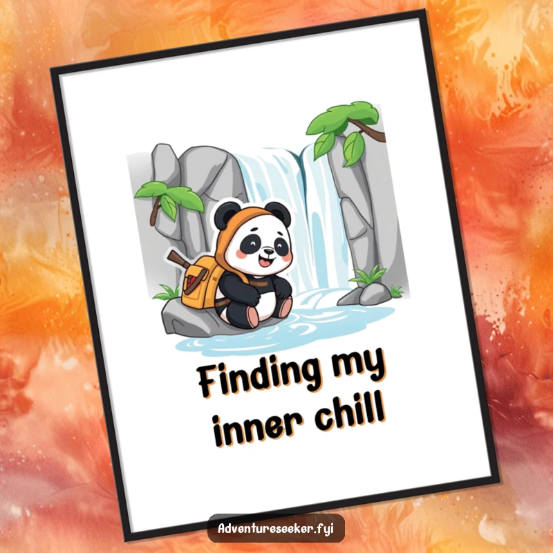 Funny digital art print of a content panda adventurer happily resting beside a stylized waterfall, conveying peace and joy.