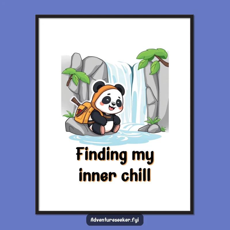 Funny Panda Adventurer Digital Art: Happy Waterfall Scene Print