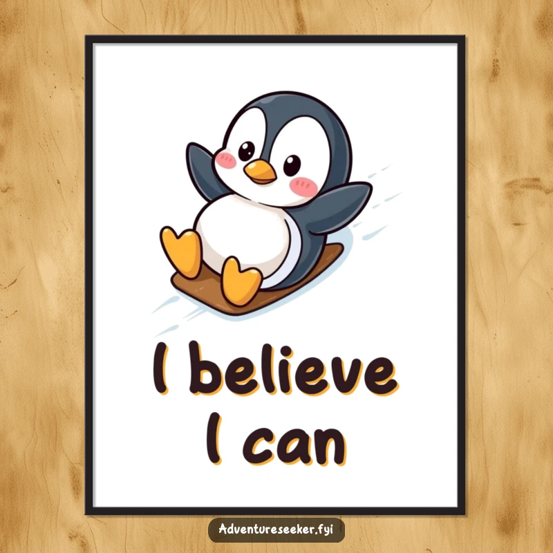 Funny wobbly penguin character sliding down an icy slope in a digital art print, full of joy. An instant funny gift.